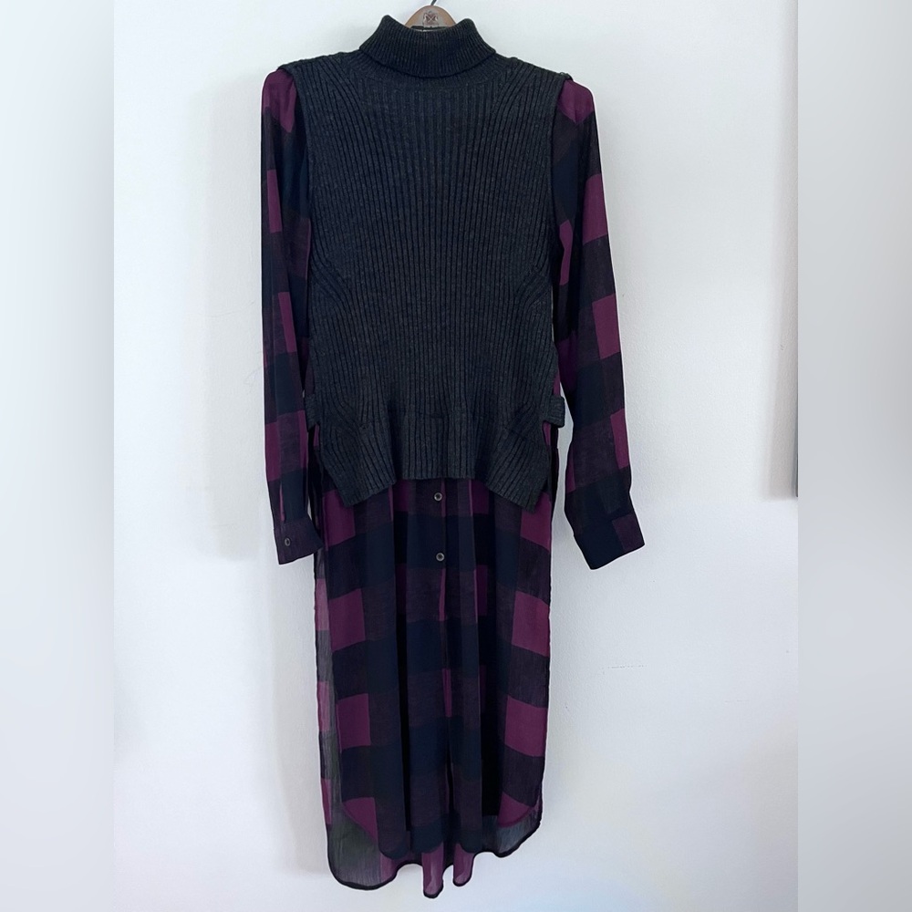 Rock & Republic Dress Sweater Faux Layered Sheer Bottom Buffalo Plaid Size Large